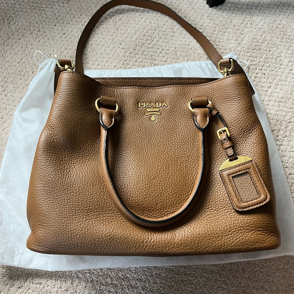 Prada pebbled leather brown shoulder crossbody tote vitello